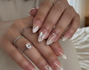Pearl White French Tips Wedding Nails, Custom Gold Bow Press on Nails, Handmade Press ons, Acrylic Nails, Bridal Nails, Gel Nails Reusable