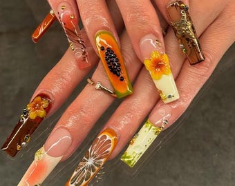 Exotic Fruit Floral Press On Nails, Tropical Papaya Bloom Nail Art, Summer Nails, Papaya Citrus Flower Nail Set, Island Vibes Nails