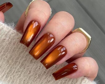 Da Amber Press On Nails, Amber cat eye nail, brown nails, reuse nails, jelly fake nail, glitter shine gel nail