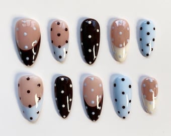 Baby Blue polka dots nails/Cute press on nails long almond nails/Daily Nails/Cute Nails/Kawaii Nails/Birthday Nails/Fall Nails/Custom Nails