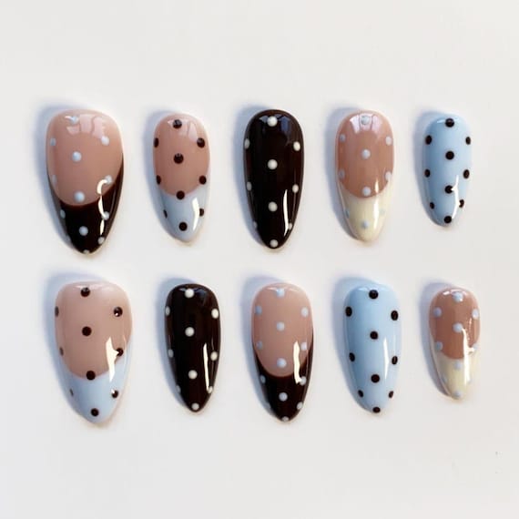 Baby Blue polka dots nails/Cute press on nails long almond nails/Daily Nails/Cute Nails/Kawaii Nails/Birthday Nails/Fall Nails/Custom Nails