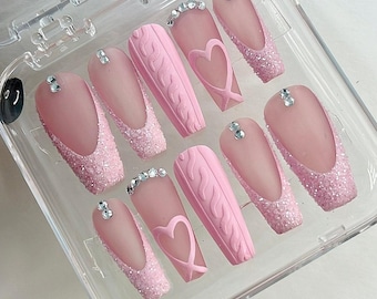 Pink French Tip with Heart Extra Long Coffin Press On Nails, Luxury Fake Nails, False Nails, Glue On Nails