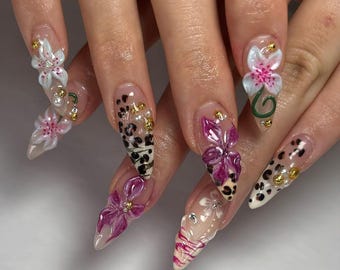 Leopard & Floral Press On Nails | 3D Floral, Rhinestone Nail Art | Handmade Leopard Print Nails | Long Stiletto Nail