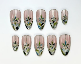 Stained Glass Press-On Nails | Stained Glass Press-On Nails | Neutral & Green Nail Design | Elegant Handcrafted Nail | Luxury Nail