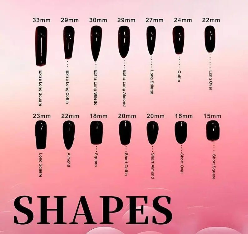 May include: A visual guide showcasing various nail shapes, including Extra Long Square (33mm), Extra Long Coffin (29mm), and Long Stiletto (27mm). The image displays black nail tips with measurements and the word "SHAPES".