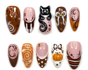 Autumn Cat Pumpkin Halloween Press On Nails, 3D Coquette Bow, Brown Pink Fall Nails, Cute Spooky Handmade Custom Fake Nail Set