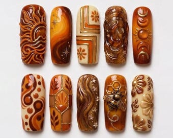 Uñas postizas vintage de terracota hechas a mano / Diseño de lujo en 3D de abeja y sol celestial / Set de uñas personalizadas con bonito degradado ámbar y dorado cromado