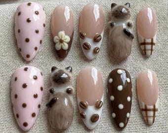 3D Cat Coffee Bean Press On Nails: Kawaii Handmade Latte Art Gel Nails