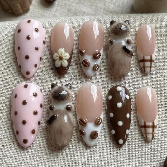 3D Cat Coffee Bean Press On Nails: Kawaii Handmade Latte Art Gel Nails