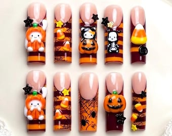 Spooky Kawaii Halloween Press On Nails, 3D Pumpkin Bunny Candy Corn Spider Web Nail Art, Cute Handmade Custom Fake Nails, Party Nail Set