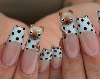 Kawaii Cat French Press On Nails | 3D Kitty Nail Art | Polka Dot Handmade Fake Nails | Playful Cat Design Nails