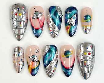 Handmade Galaxy Press On Nails, 3D Robot & UFO Fake Nails, Metallic Space Accent Nail Art, Cosmic Nail Set