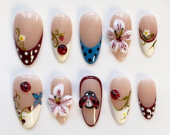 Fall Nails/Fall Press on nails long almond nails/Polka Dots Nails/3D Alarm Clock Nails/Garden Nails/Ladybug Nails/Cute Nails/Kawaii Nails