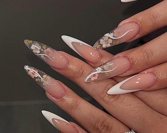 Uñas postizas con punta francesa floral/Uñas postizas almendradas largas/Uñas acrílicas/Uñas de gel hechas a mano/Uñas de novia, cumpleaños, graduación/Regalo para ella