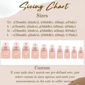 May include: A nail sizing chart with the text "Sizing Chart" and "Sizes". The chart shows nail sizes XS to L, with corresponding finger measurements in millimeters. Includes instructions for custom sizes.
