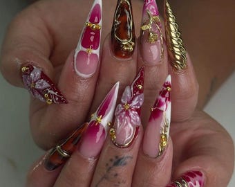 Cherry Gold Bloom Press On Nails | Red & White Stiletto Nail Art | 3D Floral Glam Nails | Luxury Long Press Ons