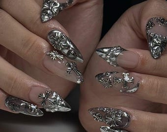 Chrome Gothic Press On Nails | Silver 3D Cross Nail Art | Handmade Punk Fake Nails | Metallic Silver Acrylic Nails