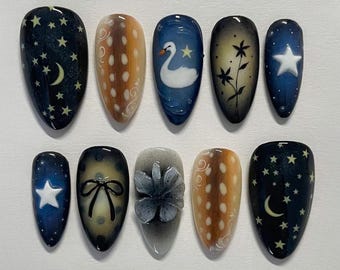 Handmade Celestial Swan Press On Nails | Moon, Stars, Bow & Flower Art | Almond Nails For Dreamy Night Sky Aesthetic