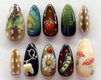 Handmade Forest Fairycore Press On Nails | 3D Mushrooms, Ladybugs, Daisies, Caterpillars & Moth Art | Almond Nails For Nature Vibe