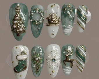 Regal Emerald Marble Press-On Nails – Luxury Green And Gold Christmas Set with 3D Charms, Pearl Wreaths, & Candy Cane Stripes, Holiday Art