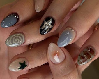 Silver Chrome star Press On Nails: Handmade Nails