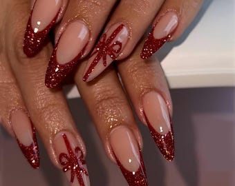 Red Glitter Press On Nails/Christmas Bow French Nails In Medium Almond/False Nails/Holiday Wedding Date Night Glue on Nails/Gift for Her