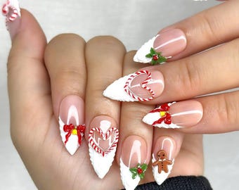 Candy Cane Christmas Press On Nails | Cute Holiday Stiletto Nail Art | White Snow Frost Tips | 3D Gingerbread & HollyPress Ons