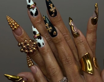 Cow Print Gothic Press On Nails | Black Gold Gothic Fake Nails | Luxury Gothic Nail Art | Edgy Bold Press Ons
