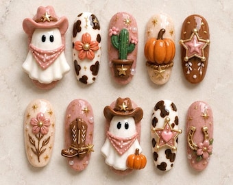 Western Halloween Press On Nails, 3D Ghost Pumpkin Nail Art, Cow Print Fall Nails, Spooky Cowgirl Handmade Custom Fake Nail Set