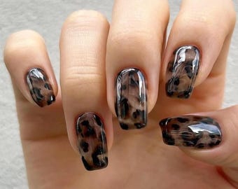 Marble Leopard Print Press On Nails: Y2K Chrome Gel Nails
