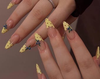 Tropical 3D Blueberry Yellow Polka Dot French Tip Press On Nails | Medium Almond Fruit Aesthetic Fake Nails | Summer Playful Handmade Nails