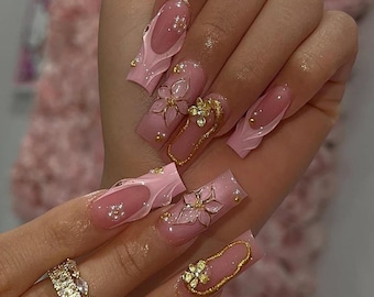 Pink 3D Floral Press On Nails | Pastel Charm Gold Flower Nails | Elegant Girly Long Coffin Nails | Glossy Pink Barbiecore Nails
