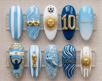 Argentina Football Press On Nails, Soccer Fan Nail Set, Blue White World Cup Inspired Nails, Sports Press Ons 2026