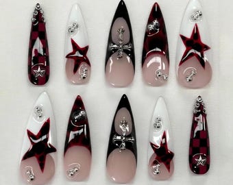 Gothic Red Black Press On Nails, Cross & Star Punk Stiletto Nail Art, Dark Alternative Handmade Reusable Fake Nails, Edgy Grunge Gothic