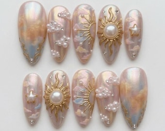 Celestial Sun & Pearl Cloud Press On Nails, Iridescent Pink Dreamy Nails, Luxury Angelcore False Nails, Ethereal Coquette Nail Art