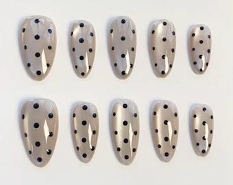 Black polka dot nails/press on nails long almond nails/Elegant nails/Glittery Gray Cat Eye Nails/Daily nails/Birthday nails/Custom nails