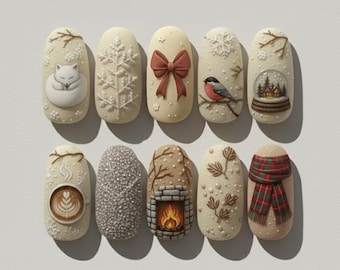 Winter Christmas Nails, Cozy Winter Press On Nails, Snowflakes Christmas Tree Nail Art, Elegant Holiday Nails, Fake Nails for Holiday Party