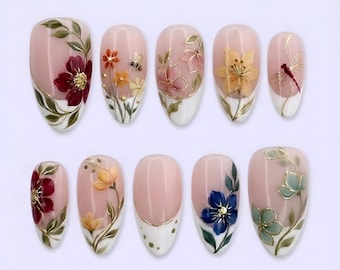 Hand-Painted Floral Bee Dragonfly Press On Nails, Botanical French Tip Nail Art, Golden Garden Cottagecore Handmade Reusable Fake Nails