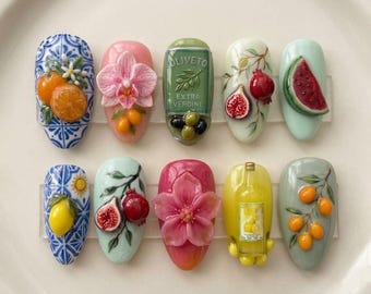 Mediterranean Fruit Press On Nails, Olive Lemon Floral Nails, 3D Summer Fruit Cute Handmade Gel Press On Nail. Italy Tile Nails Set