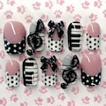 Musical Piano Press On Nails with 3D Bows & Polka Dot Coquette Art, Handmade Black White Cute Custom Nail Set for Music Lovers