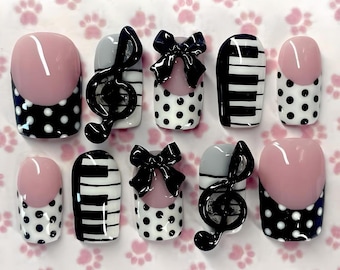 Musical Piano Press On Nails with 3D Bows & Polka Dot Coquette Art, Handmade Black White Cute Custom Nail Set for Music Lovers