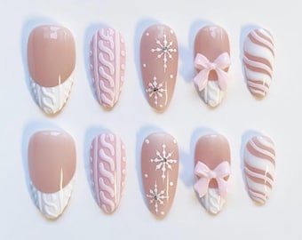 Pink Christmas Nails/Bow Nails/Sweater Texture Nails/Winter Nails/Snow Nails/Christmas Press on nails long almond nails/Pink Nails/Cute Nail