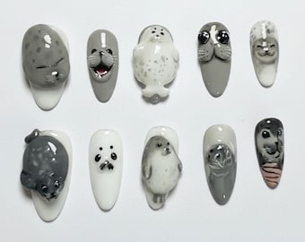 Handmade Kawaii Seal Press On Nails | 3D Sea Pup, Gray & White Marine Art | Cute Oval Nails For Ocean Lover Aesthetic