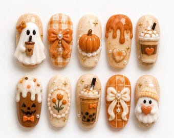 Uñas postizas 3D de Halloween, diseño de uñas de fantasma con calabaza y especias, lazo de cuadros vichy, lindas uñas postizas personalizadas hechas a mano para otoño, set de uñas espeluznantes