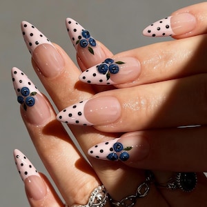 Handmade Blueberry Polka Dot Almond Press On Nails – Spring Gel False Nails