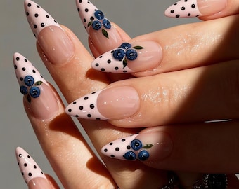 Handmade Blueberry Polka Dot Almond Press On Nails – Spring Gel False Nails