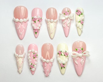 Romantic Pink Press On Nails | 3D Blush Vintage Nail Set | Long French Ribbon Nails | Romantic Pink Press On Nails