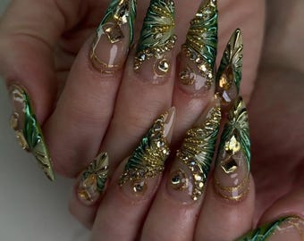 Emerald Green Press On Nails | 3D Gold Gem Nail Art