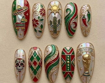 Handmade Press On Nails | Mexico World Cup Inspired 2026 | Gold Trophy, Piñata & Sugar Skull Foil Design