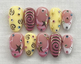 Celestial Star Press On Nails, Handmade Gold Chrome Swirl Nail Art, Retro Y2K Star Design, Reusable Fake Nails, Cute Cosmic Inspired Nails